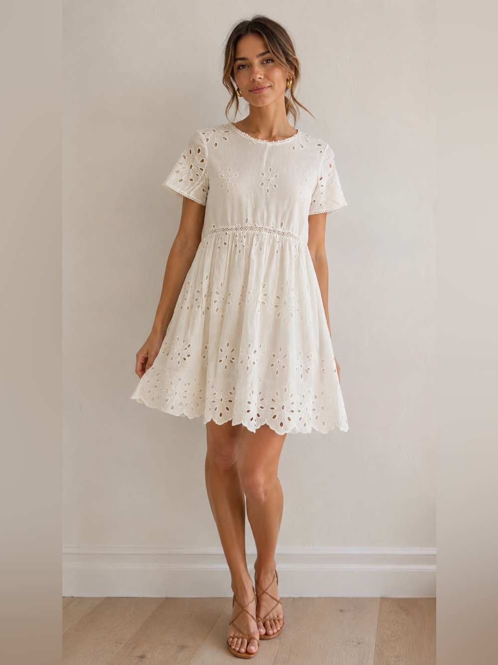 Zara Cream Eyelet Short Sleeve Mini Dress